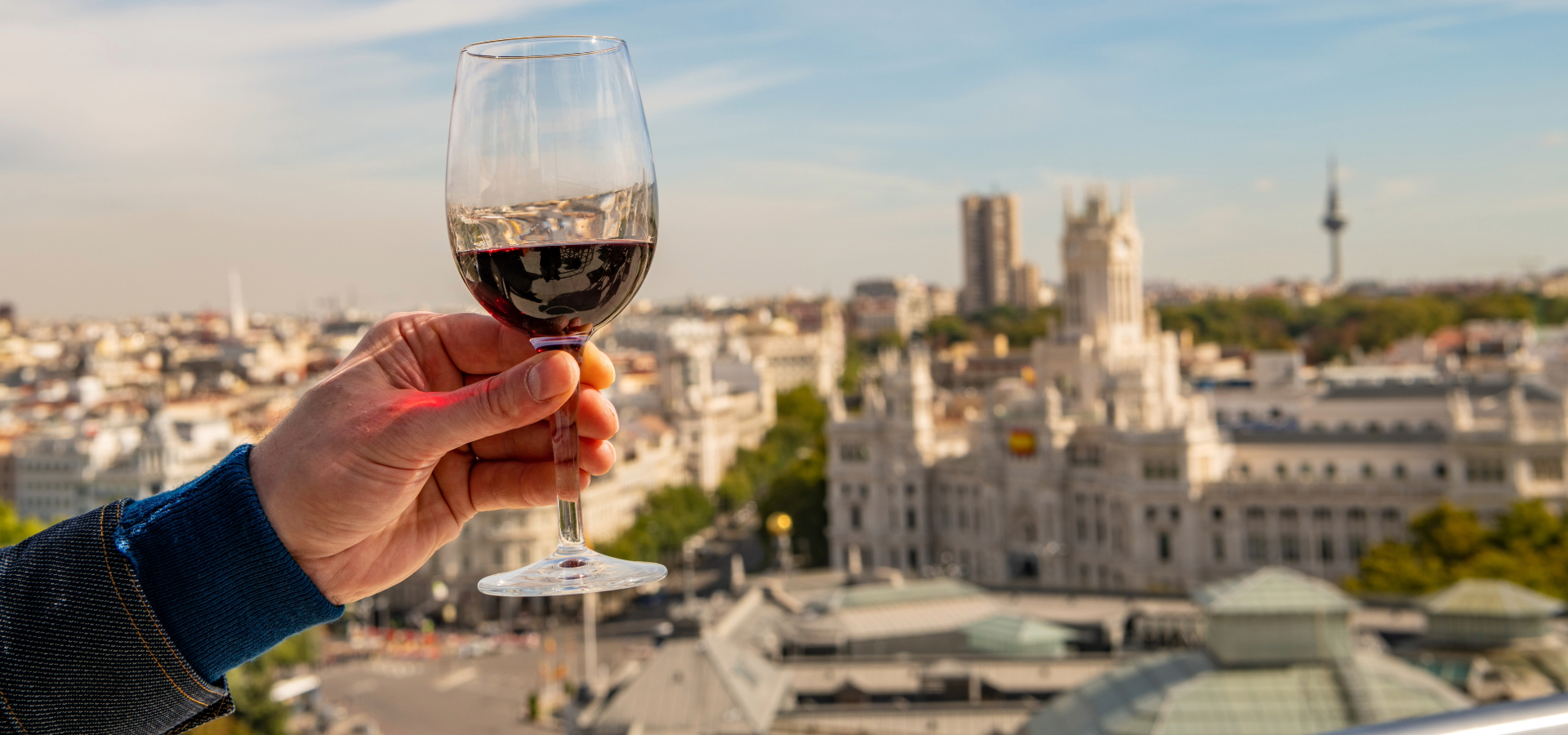 A glass of red wine raised over a rooftop view of Madrid